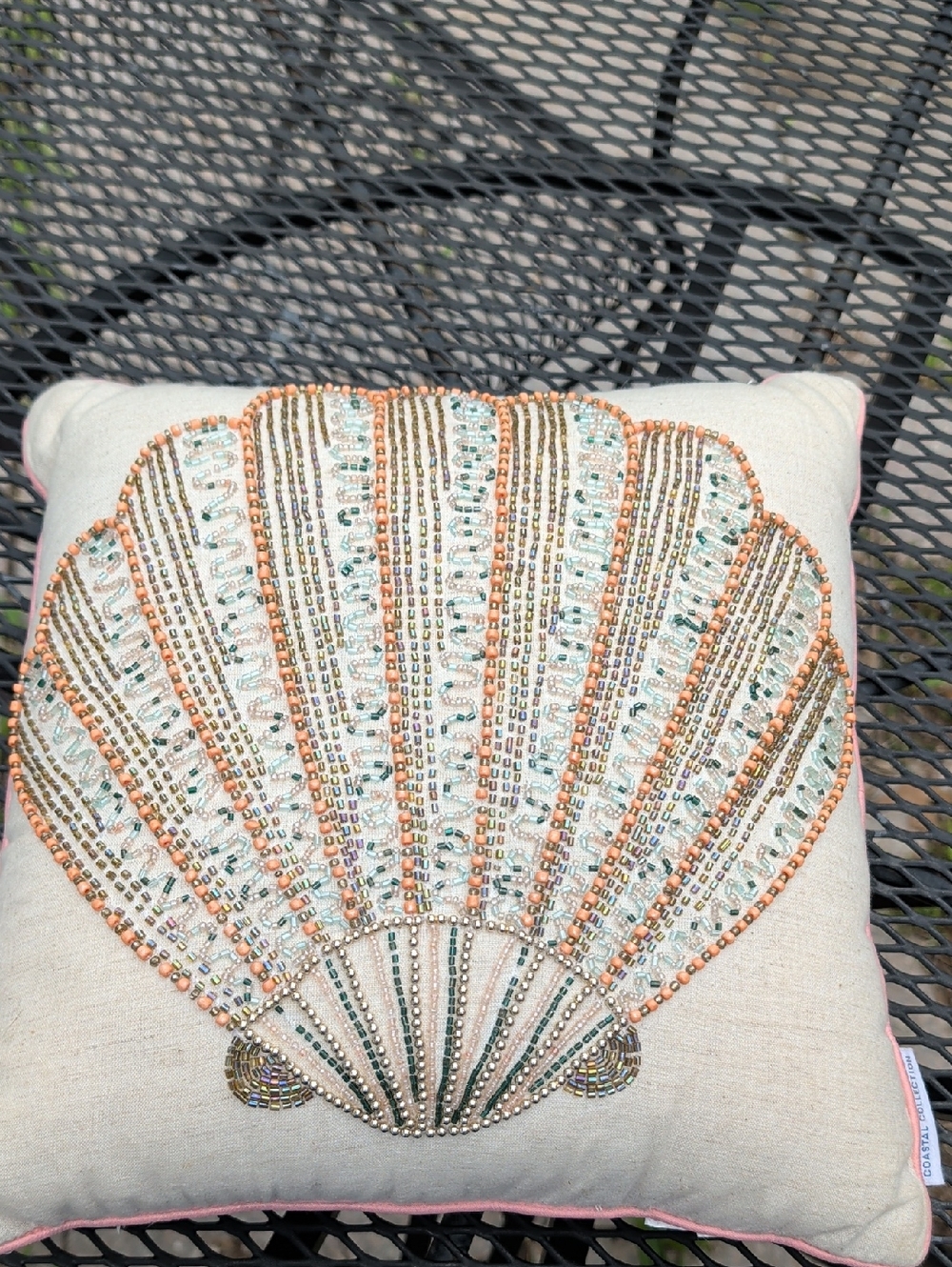 Coastal Collection Beaded Seashell Accent Pillow in Cream & Coral Seaside Cottag